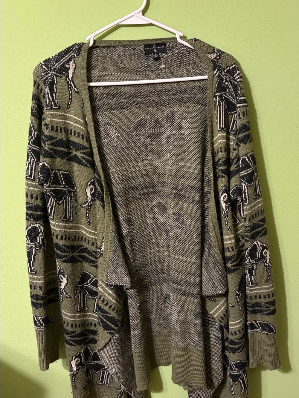 Olive Green Elephant-Print Open Front Cardigan Sweater